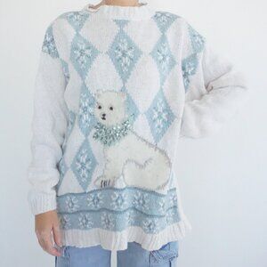 Vintage Kathie Lee White Blue Argyle Polar Bear Animal Knit Sweater CottagecoreL